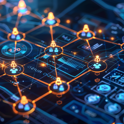 Optimized team with highlighted members, decreasing churn rate graph. Optimized team with highlighted members, decreasing churn rate graph.