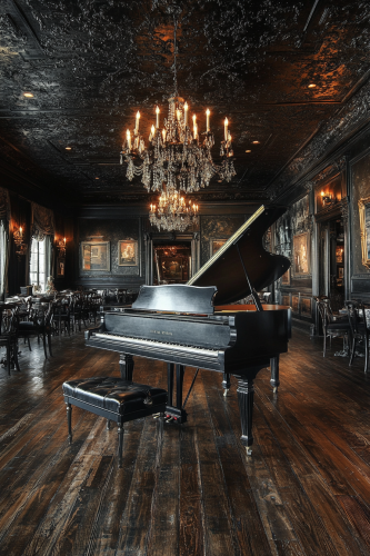 Opulent Gothic ballroom with dark tapestries and mirrors.