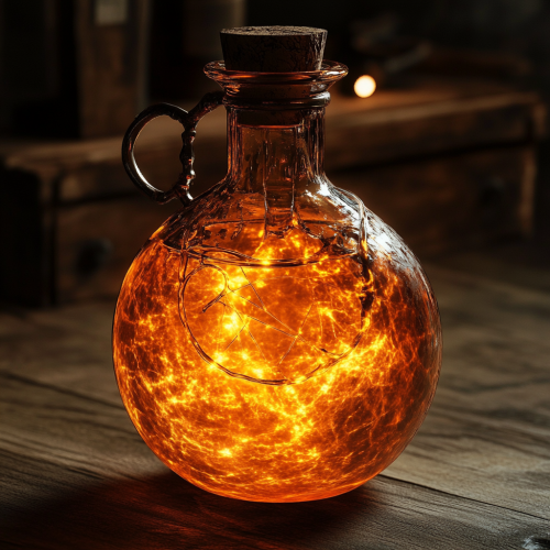 Orange glowing locked alchemical flask on lab table