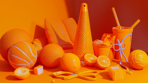 Orange items on table with background, ultra-realistic shot