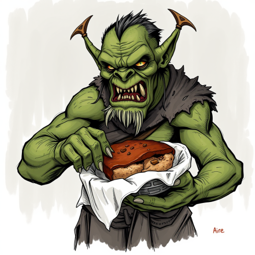 Orc Holding Steak and Kidney Pie in Fantasy Style
