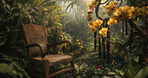 Orchid Garden with Wooden Chair in Morning Light