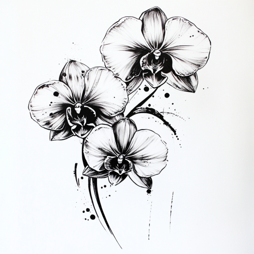 Orchid Tattoo Drawing with Wash Ink Splatter