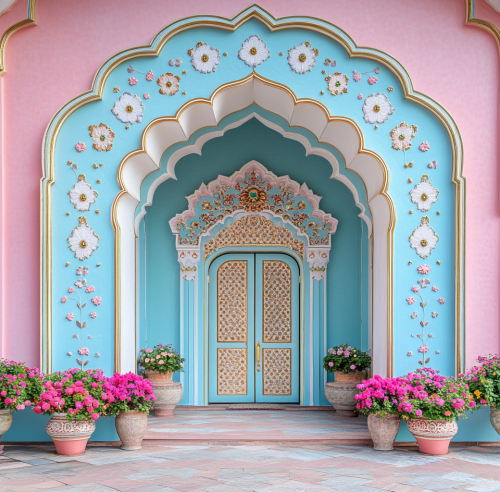Ornate Arabian architecture with floral patterns and entrance