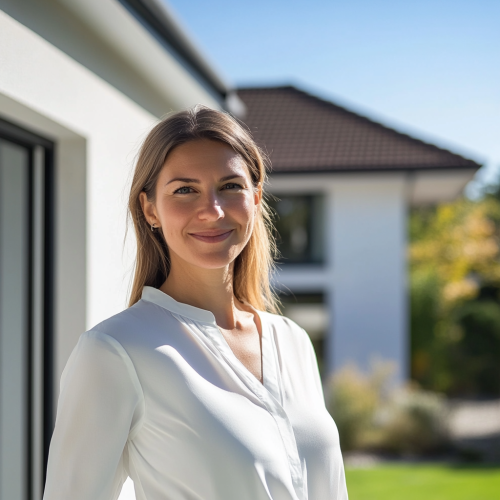 Owner wears white, stands by modern sunny home