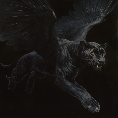 Painting of powerful panther with black feathered wings.