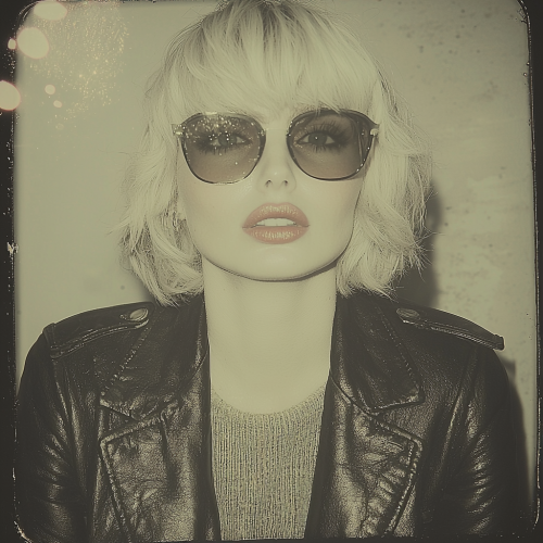 Pamela Anderson beach photo with dramatic lighting and neon.