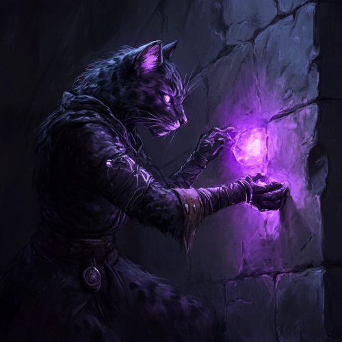 Panther-tabaxi-person with black fur extracting purple crystal.