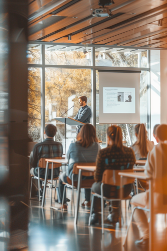 Participants practice speeches with modern educational tools and lighting.