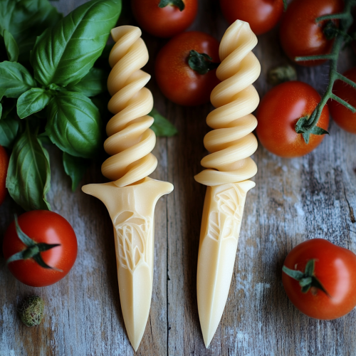 Pasta Knives with Tomato and Basil Background