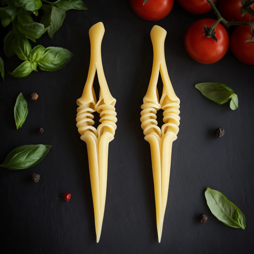 Pasta knives with elegant design, tomato and basil background