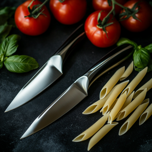 Pasta knives with tomatoes and basil background