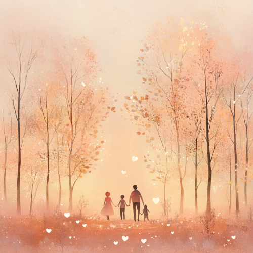 Pastel forest at sunset, family silhouettes in love. Pastel forest at sunset, family silhouettes in love.