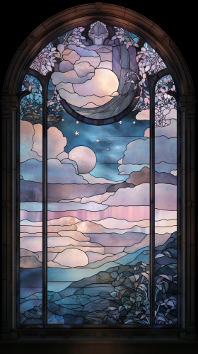 Pastel stained glass window scene with moonlight reflection. Pastel stained glass window scene with moonlight reflection.