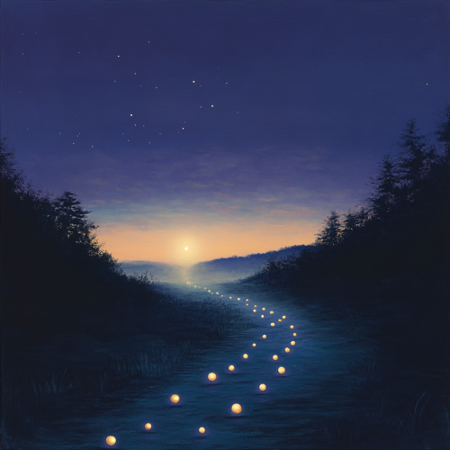 Pathway of glowing orbs leads towards ethereal light. Pathway of glowing orbs leads towards ethereal light.