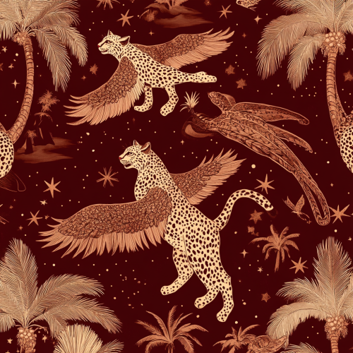 Pattern of flying leopard-like creatures with wings in sky