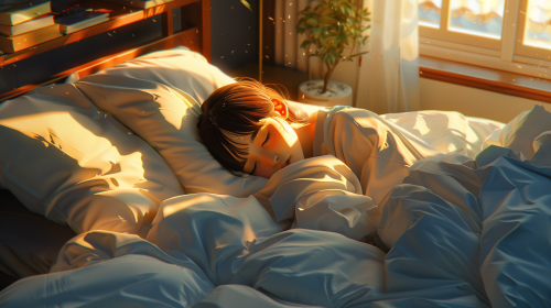 Peaceful Japanese woman sleeping in cozy bed scene