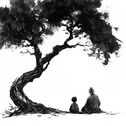 Peaceful Sage and Child Under Ancient Tree