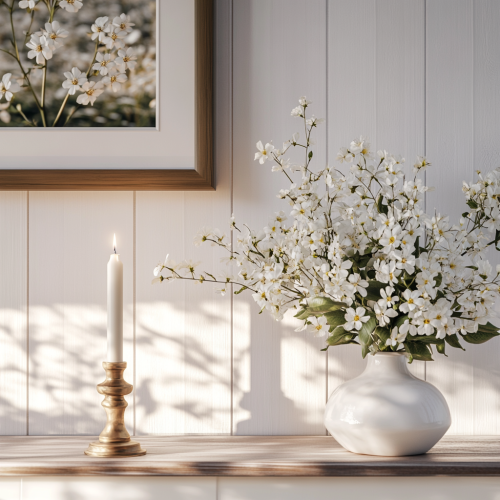 Peaceful Scandinavian home altar with flowers and candle