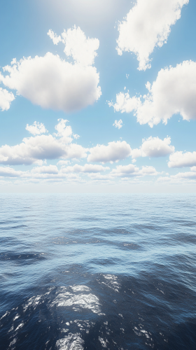 Peaceful ocean under bright sky with scattered clouds