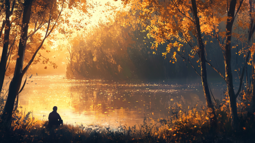 Peaceful person by lake, tall trees, abstract shapes, vibrant. Peaceful person by lake, tall trees, abstract shapes, vibrant.