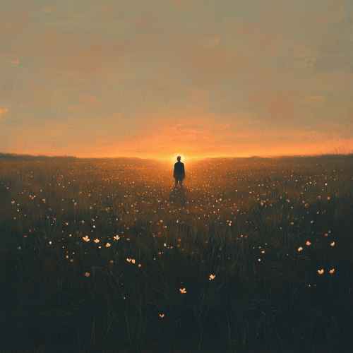 Peaceful sunset scene with person and symbols of love.