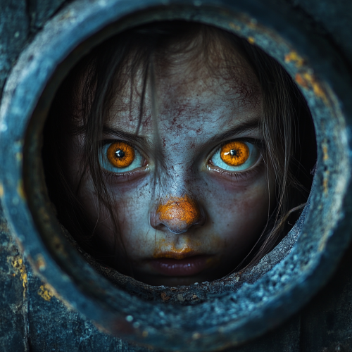 Peeking through hole sees spooky ghost kids with candies