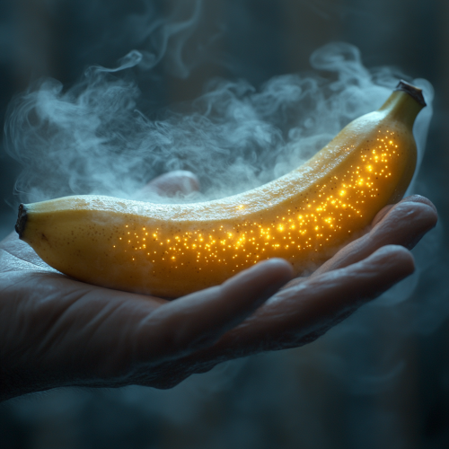 Peeled banana in hand with steamy smoke effect.