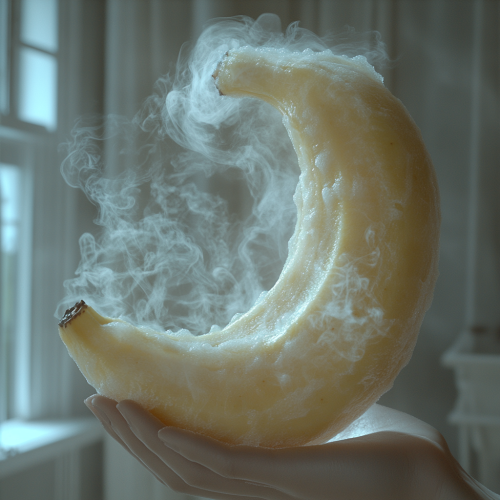 Peeled banana with smoke, bright yellow, contrasting background.