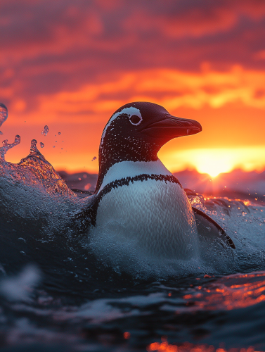 Penguin surfing on wave at sunset in dreamy, vibrant colors