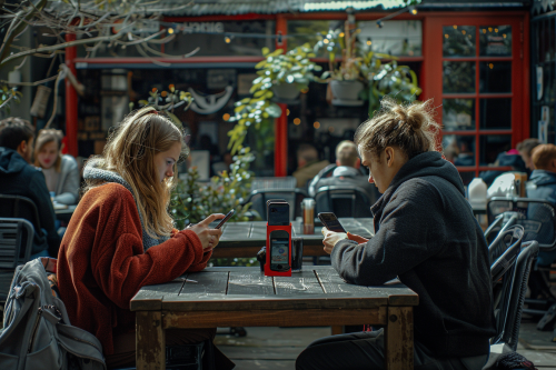 People Viewing Phones in Sunny Pub Garden