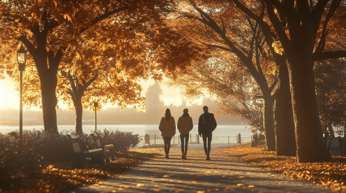 People Walking in New England Park at Dusk