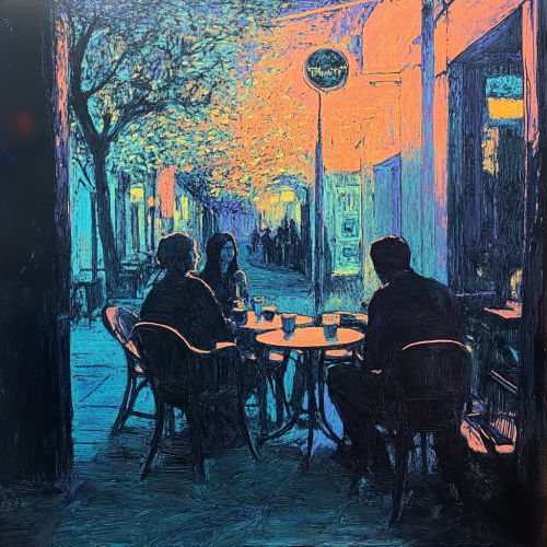 People chatting and drinking coffee in Monet's impressionist painting