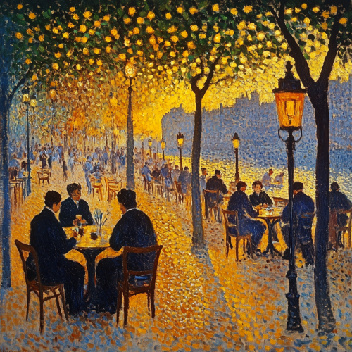 People in Copacabana painting: yellow lights, coffee, shadows. People in Copacabana painting: yellow lights, coffee, shadows.