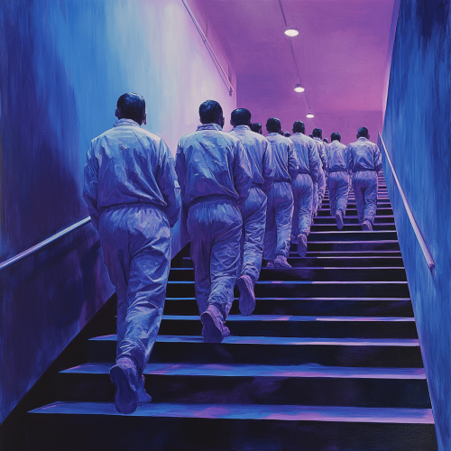 People in blue and purple jumpsuits climbing stairs