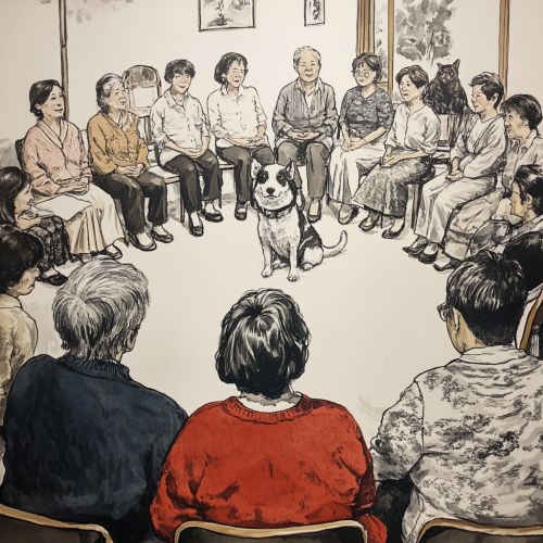 People in casual attire at pet rescue meeting.