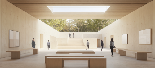 People in modern clothes in Tadao Ando-style interior.