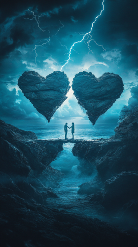 People protecting heart from lightning, connected by bridges.