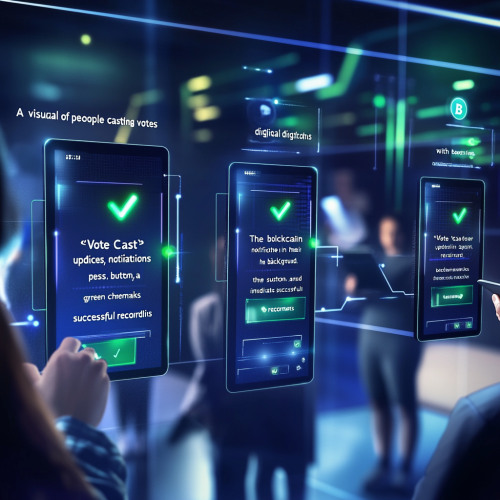 People voting digitally, blockchain updating, 'Vote Cast' notifications