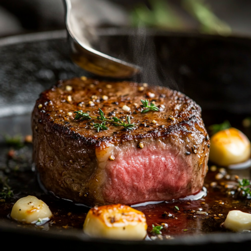 Perfectly seared steak with melted butter and herbs