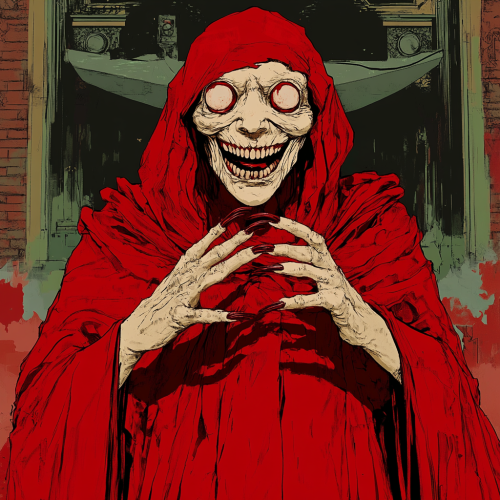 Persephone in red robe with wide grin, third eye.