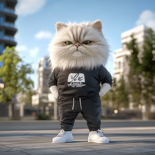 Persian cat wears sporty outfit in urban setting.