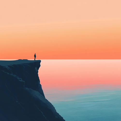 Person by Cliff at Sunrise Over Calm Ocean