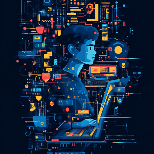 Person coding on computer with challenge icons, navy background.