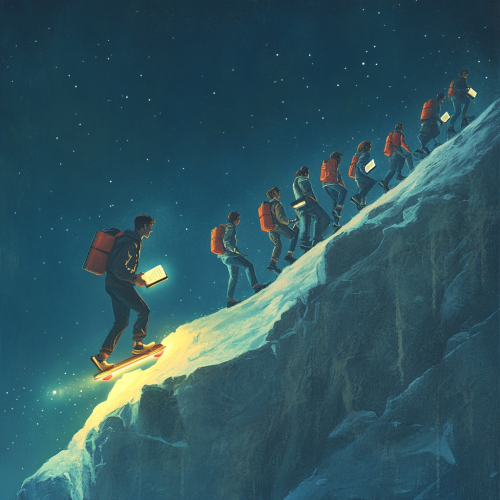 Person easily rides hoverboard up hill with glowing map. Person easily rides hoverboard up hill with glowing map.