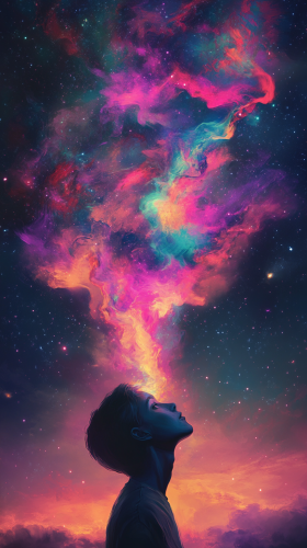 Person gazing at cosmic cloud in dreamy atmosphere.