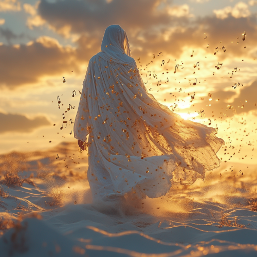 Person in white robe facing sun in desert.