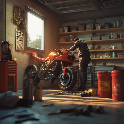 Person preparing motorcycle for long-term storage in garage.