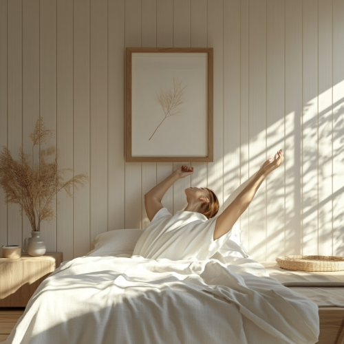Person wakes up refreshed in minimalist bedroom. Morning light.