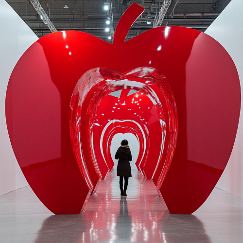 Person walking through shiny red apple room.